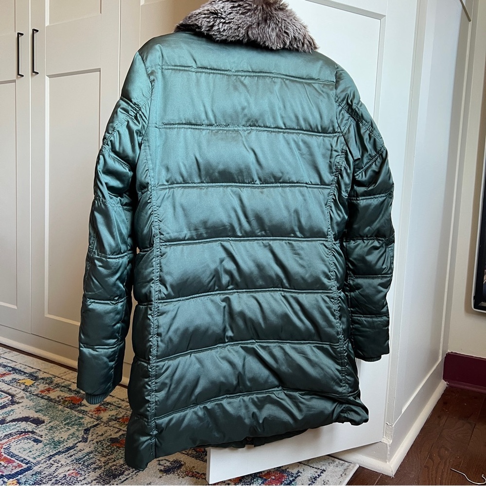 Lands' End Women's Forest Green PrimaLoft Insulated Puffer Coat Faux Fur Collar - Picture 2 of 10